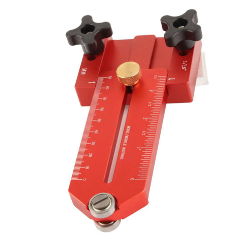Extended Thin Rip Jig for table saws, band saws, and router tables, red aluminum with roller bearing, 0.75 x 0.375 inch slots.