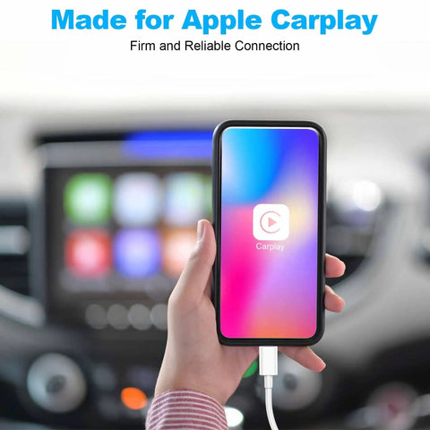 Person holding iPhone with USB A To Lightning CarPlay Cable For iPhone 14 13 12 11 Pro Max XR XS X Three Foot Fast Charging in car