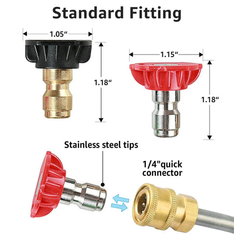 Pressure washer nozzle tips, 5-pack, stainless steel with 1/4-inch quick-connect, up to 4500 PSI (Amazon).