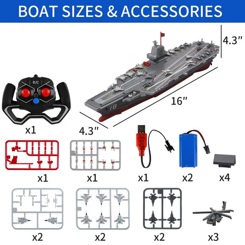 High Speed 16 Inch Warship RC Boat With Dual Rechargeable Batteries, 15 MPH Remote Control Battleship Aircraft Carrier kit contents