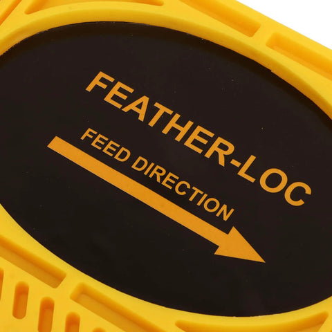 Yellow adjustable double featherboard showing 'FEED DIRECTION' arrow for Table Saws Router And Bandsaw Tables delivering a rock solid dead nuts tight grip.