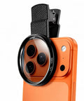 52mm Clip On CPL Phone Camera Lens Filter Kit For iPhone Models 11 Through 17, showing circular polarizer filter on orange phone