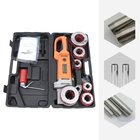 Heavy Duty Electric Pipe Threader Machine With Copper Motor And Portable Handheld Design For No Sweat 110V Threading Operations in a carrying case with six dies.