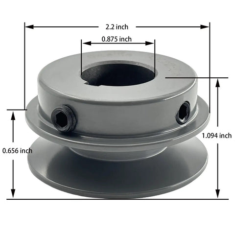 Heavy Duty Cast Iron V Belt Pulley With Seven Eighths Inch Bore And Two Point Two Inch Outside Diameter One Groove For A Three L And Four L Belts Beefy Motor Pulley With Seven Eighths Shaft And Standard Keyseat Three Sixteenths By Three Thirtyseconds, side view with dimensions.