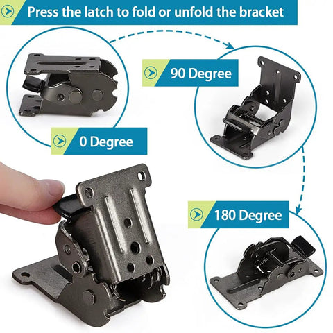 Kickass Pair Of Steel Folding Brackets With Dead Nuts Self Locking Design For Tables Workbenches And Sleeping Platforms showing 0, 90, and 180-degree positions.