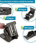 Built Tough Folding Brackets With Self Lock Adjusting Hinge, Rock Solid Steel Supports For Table Or Workbench, Zero Fuss Extension Braces For Sleeping Platform, Matte Black 4 Piece Hardware Kit shown in various folding positions.