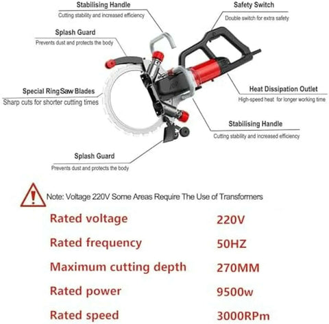 Badass Brushless Ring Saw For Wall Cutting With A Kickass Copper Motor That Slays Reinforced Concrete And Stone, Pumping Out 3000 RPM For Precision Grooving, Running Smooth As Silk For Pros Crushing Heavy Jobs Without Breaking A Sweat. Features a stabilising handle and safety switch.