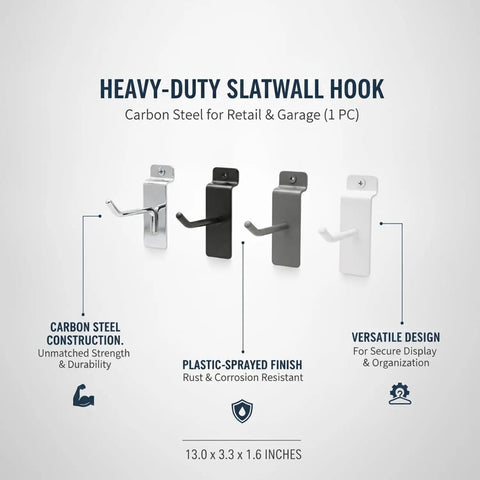 Heavy Duty Slatwall Hook Carbon Steel For Retail Displays And Garage Organization, simple tool free install, four colors shown