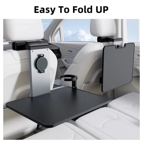 Premium Foldable 3 In 1 Car Headrest Tray Flexible Backseat Dining Laptop Table showing a black foldable tray attached to car headrest.