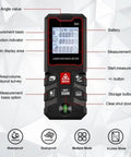 Pro Laser Distance Meter 60M Sick Precision Digital Measure Tool with Sweet LCD Backlit Display detailed button layout.