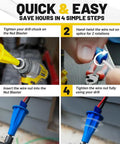 Instructional images showing how to use XXL Nut Blaster Drill Attachment For Universal Wire Nut Twister And Wire Nut Driver.