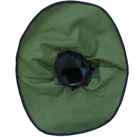 Top view of Sand Blasting Hood Cap With Canvas Shawl Protective Gear Mask Anti Dust Hood For Spraying Sanding Cutting And DIY Painting Woodworking Protection Wide Vision Curved Glass With Breathable Vent