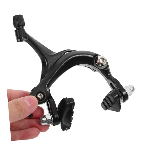 Premium Heavy Duty Alloy C Shape Brake Set Forged From Durable Steel Compatible With Road Or Mountain Bikes black caliper close-up.