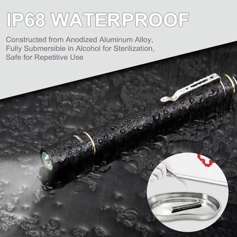 IYP365 Nichia High CRI Pen Light IP68 waterproof feature, showing anodized aluminum build and submersible design for medical exams.