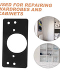 Stainless Steel Hinge Repair Kit Two Pack Durable Mending Plates For Cabinet Doors And Wardrobes Quick Installation Hinge Cup Plate For Damaged Furniture, black plate with furniture insets displayed.