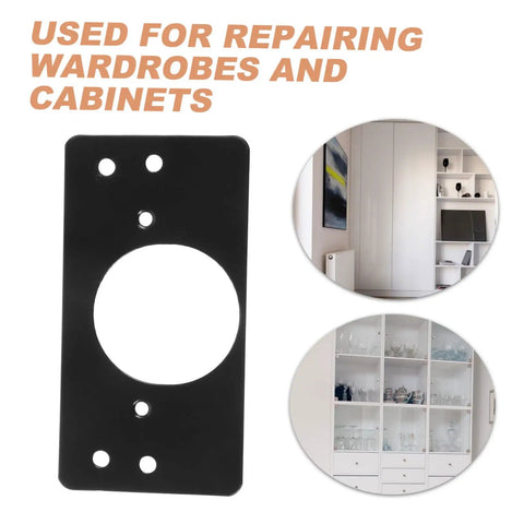 Stainless Steel Hinge Repair Kit Two Pack Durable Mending Plates For Cabinet Doors And Wardrobes Quick Installation Hinge Cup Plate For Damaged Furniture, black plate with furniture insets displayed.