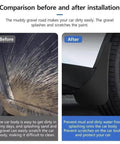 Before and after installing Tough Front And Rear Mud Flaps For Tesla Cybertruck 2024 showing debris protection and clean body.