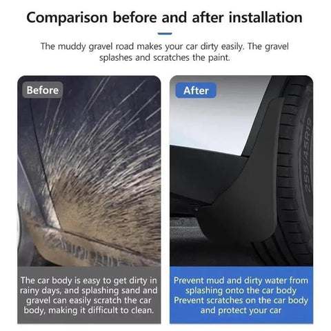 Before and after installing Tough Front And Rear Mud Flaps For Tesla Cybertruck 2024 showing debris protection and clean body.