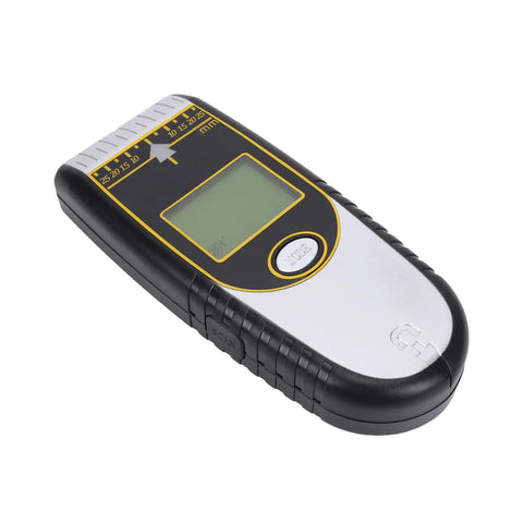 Hyuduo Digital Stud Finder Wall Scanner 7-in-1 (Silver) with LCD display and scan button, showing detection settings.
