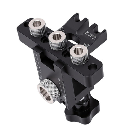 Heavy Duty 3 In 1 Self Centering Dowel Jig Kit For Shop Ready Woodworking Aluminum Drill Guide top view with adjustable knobs.