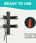 Dual heavy duty fire extinguisher mount bracket kit showing easy installation for home, truck, RV, boat, marine, commercial use.