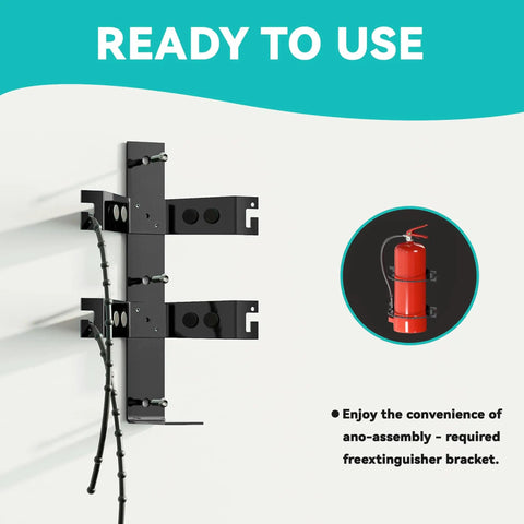 Dual heavy duty fire extinguisher mount bracket kit showing easy installation for home, truck, RV, boat, marine, commercial use.