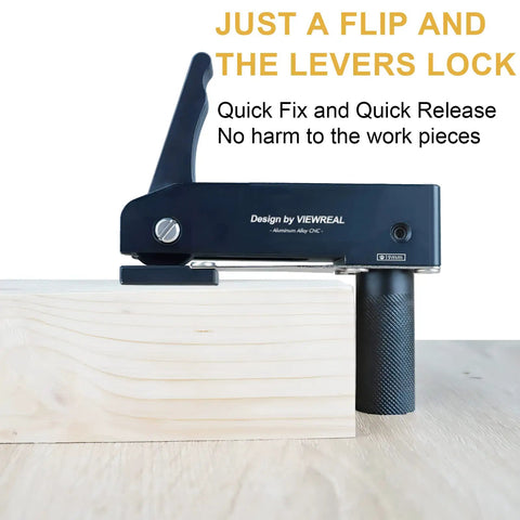 Two Pack Three Quarter Inch Aluminum Alloy Bench Dog Clamps For Woodworking in use on a wooden board with quick release lever.
