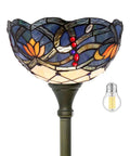 Blue Lotus Tiffany Floor Lamp With Stained Glass Shade 12 Inch Wide 71 Inch Tall Torchiere Standing Corner Uplight Go-To Living Room And Bedroom Decor Antique Bronze Base UL Listed And LED Ready