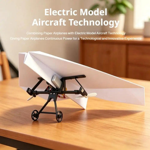 Electric DIY Remote Control Paper Airplane Kit With Gyro Stabilizer Dual Propeller RC Glider on wooden table