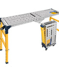 Beefy 2 In 1 Welding Table And Metal Work Bench With Casters 55 X 14 Inch Galvanized Top 1100 Lbs Load Capacity Adjustable Height Up To 43 Inches Portable Steel Work Platform For Home Shop, shown from the side, folded and unfolded