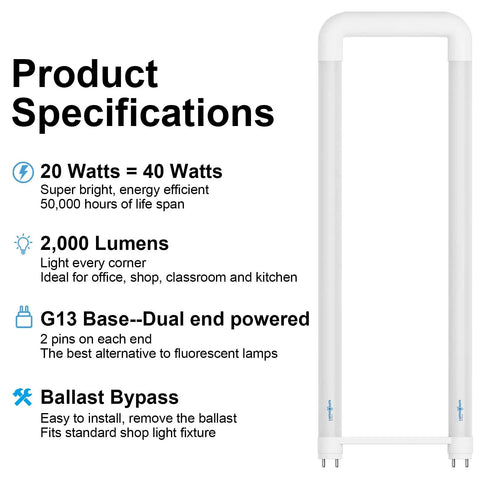 U Bend LED Tube Light 20W 40W Equivalent, 6000K Cool White, 2000 Lumens, product specifications and design