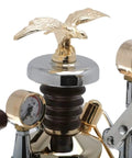 Close-up of Straight Fire Manual Lever Espresso Machine With Heavy Duty Rosewood Handles and gauges for pressure control.