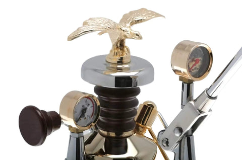 Close-up of Straight Fire Manual Lever Espresso Machine With Heavy Duty Rosewood Handles and gauges for pressure control.