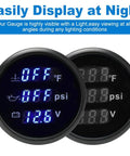 Rugged 2 Inch 52mm 3 in 1 Triple Gauge Set with night vision display showing water temperature, oil pressure, and voltmeter for cars.