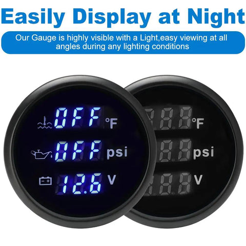 Rugged 2 Inch 52mm 3 in 1 Triple Gauge Set with night vision display showing water temperature, oil pressure, and voltmeter for cars.