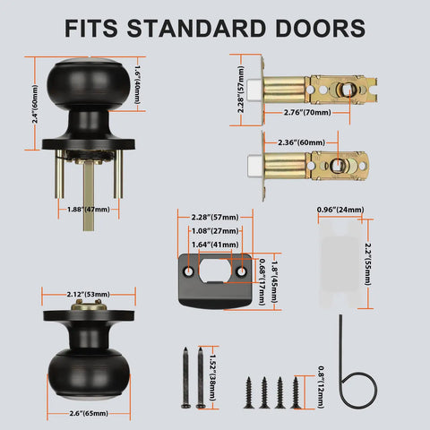 Five Pack Oil Rubbed Bronze Passage Doorknobs for Interior Doors Non Locking Closet and Hallway Knobs Fits Standard Doors Ideal for Bedrooms Living Areas and Storage Closets dimensions