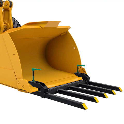 Clamp On Debris Forks For 48 Inch Buckets Heavy Duty Quick Attach Pallet Forks For Tractor Loader And Skid Steer 1500 To 4000 Lbs Capacity Easy Mount Rugged Material Handling Attachment fitted on yellow loader bucket