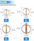 Diagram showing sizes of Heavy Duty Lynch Pin Assortment Kit With 30 Pcs, spring loaded pins for tractors, trailers, trucks, mowers.