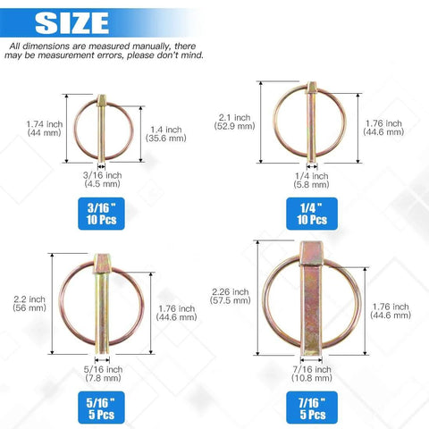 Diagram showing sizes of Heavy Duty Lynch Pin Assortment Kit With 30 Pcs, spring loaded pins for tractors, trailers, trucks, mowers.