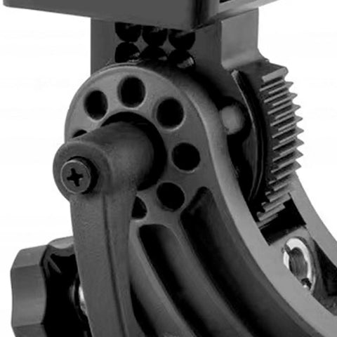 Close-up of black aluminum alloy Latitude Base Mount for Star Adventurer Wedge Base with dual knobs and gears for 0-90 degree tilt.