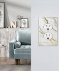 Sleek White And Gold Marble Abstract Light Switch Covers And Wall Plates Tough As Nails Polycarbonate Outlet Faceplates on wall in modern living room.