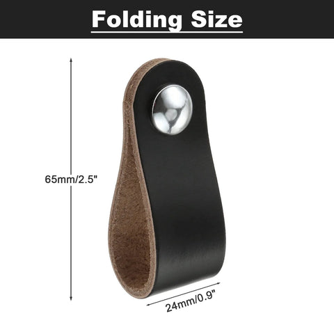 Leather Drawer Pulls 2.5 Inch Black Single Hole Soft Leather Handles with Size Dimensions Displayed