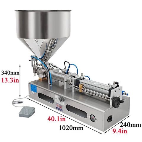 Top Shelf Pneumatic Horizontal Paste Filler With Slick Drip Free Performance And No Sweat Hassle Setup For Ketchup Honey Oil Lubricant Shampoo Cream 500 To 5000 Ml, stainless steel design with large funnel.