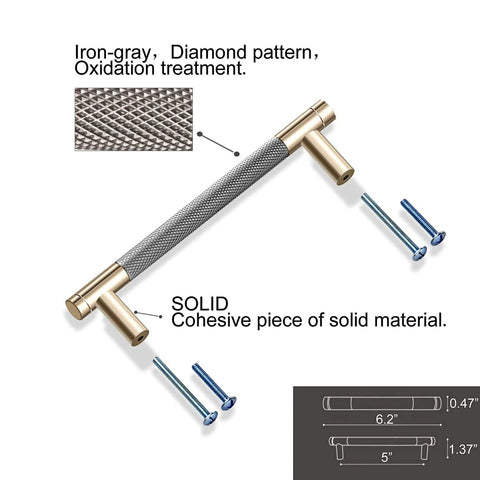 12 Pack 5 Inch Center To Center Drawer Pulls With 6 Inch Overall Length Round Aluminum Cabinet Handles In Gold Nickel Oxidation Finish And Diamond Pattern Includes 56 Screws close-up showing diamond pattern with screws.