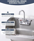 Phivan 4" Wall Mount Brass Kitchen Sink Faucet, 3-1/2" Gooseneck Spout with chrome finish and solid brass construction.