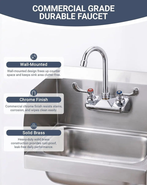 Phivan 4" Wall Mount Brass Kitchen Sink Faucet, 3-1/2" Gooseneck Spout with chrome finish and solid brass construction.