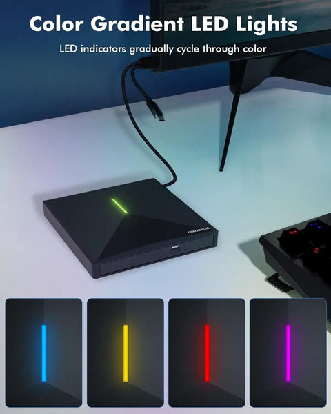 External CD DVD Drive For Laptop With USB 3.0 High Speed, 4 USB Ports And 2 SD TF Card Slots, Plug And Play, Backward Compatible With USB 2.0, Reads 8x DVD And 24x CD, Ultra Portable Multi Port Optical Drive with color gradient LED light