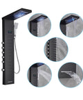 Top Shelf Matte Black Thermostatic Shower Tower Designed To Impress With Glowing LED Temp Monitor and oversized rainfall shower head.