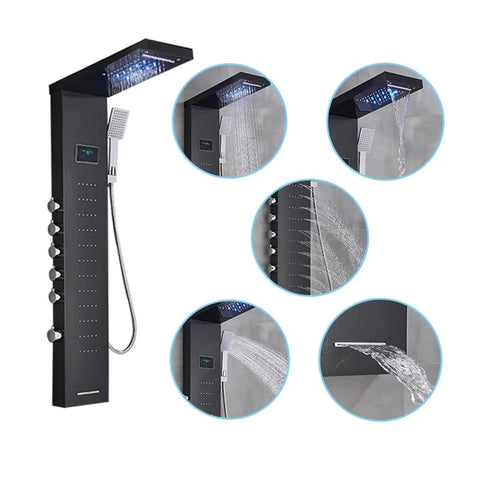 Top Shelf Matte Black Thermostatic Shower Tower Designed To Impress With Glowing LED Temp Monitor and oversized rainfall shower head.