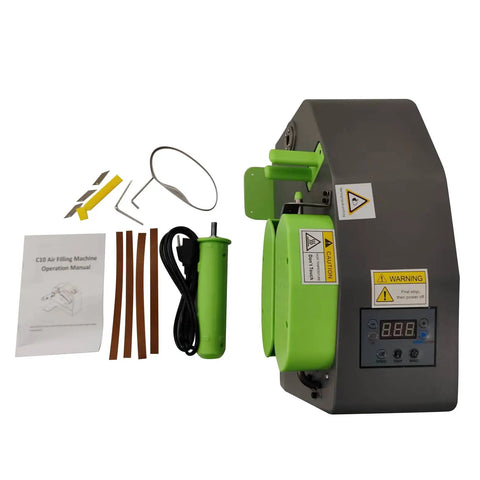Compact Air Pillow Maker Machine, green and grey with accessories and manual for efficient bubble cushion generation.